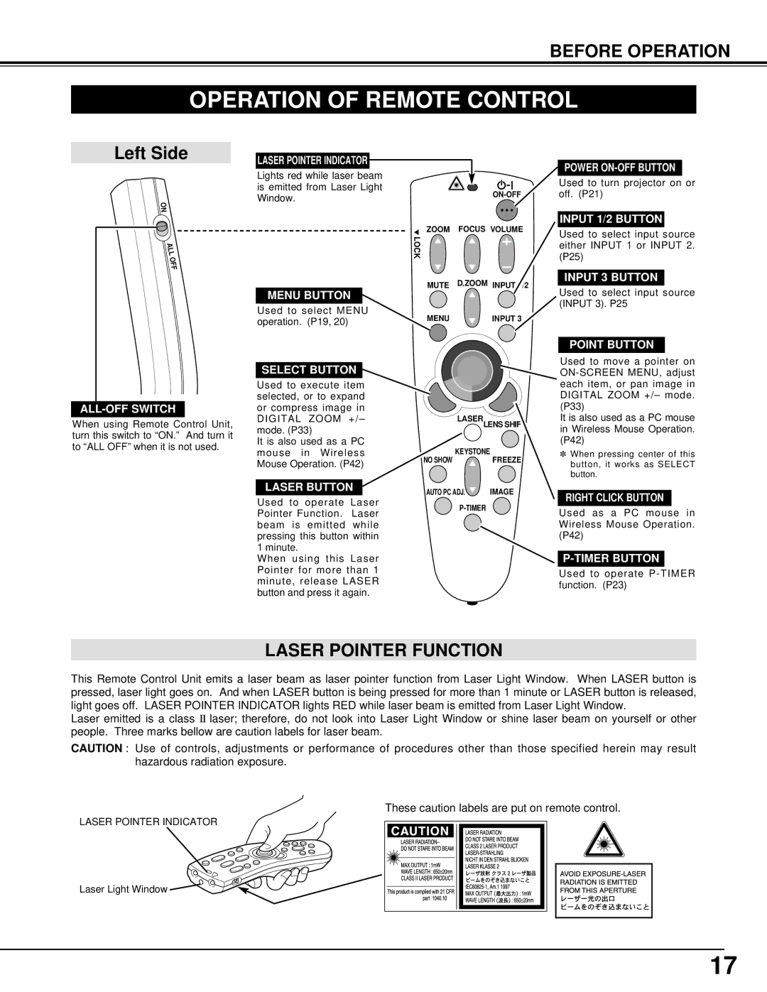 Eiki LC-X5 instruction manual Operation of Remote Control, Laser Pointer Function 