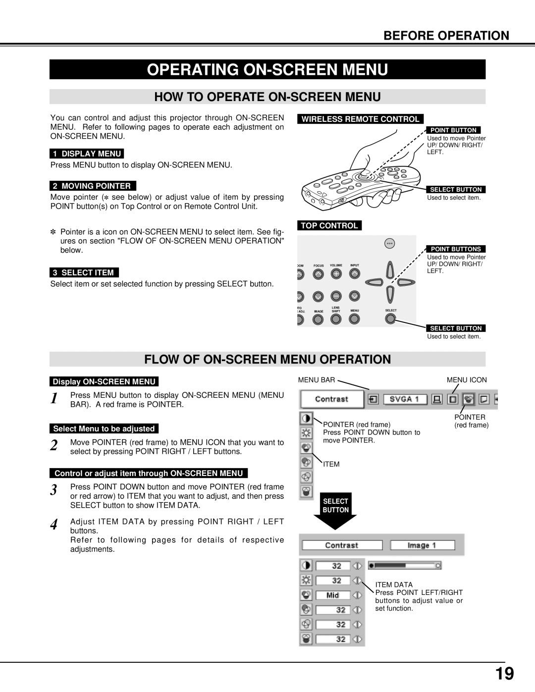 Eiki LC-X5 instruction manual Operating ON-SCREEN Menu, HOW to Operate ON-SCREEN Menu, Flow of ON-SCREEN Menu Operation 