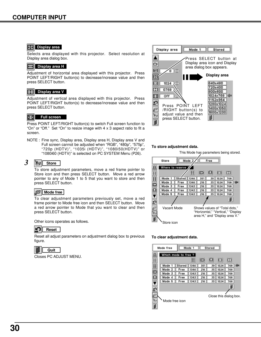 Eiki LC-X5 instruction manual Display area H, Full screen 