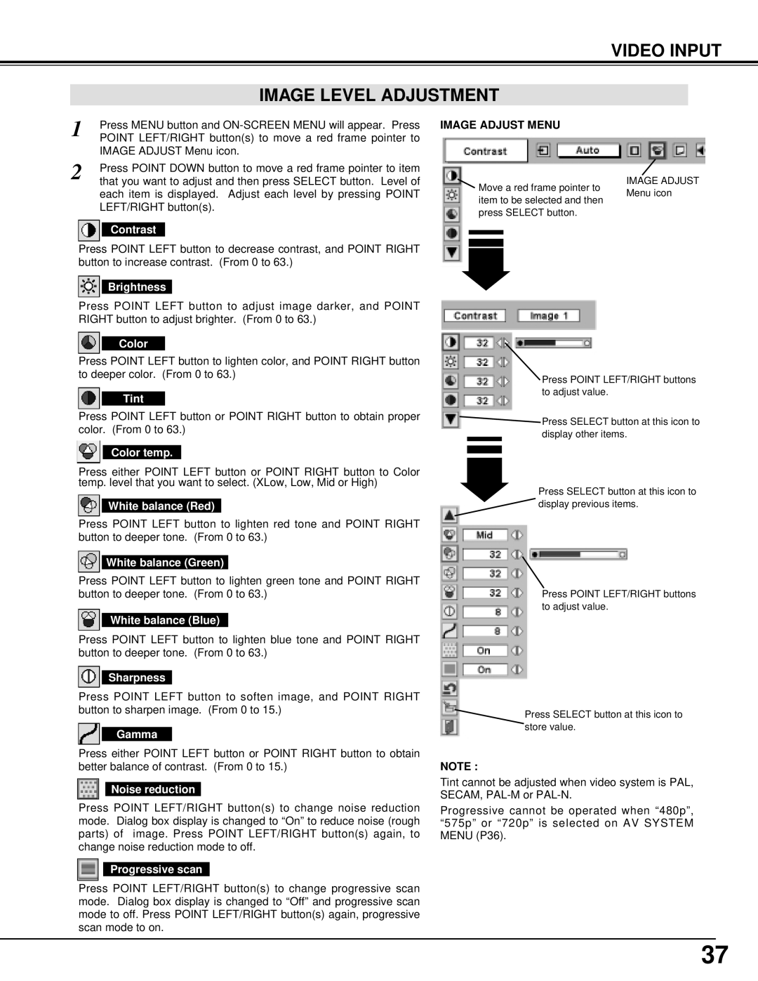 Eiki LC-X5 instruction manual Video Input Image Level Adjustment, Color, Tint, Progressive scan 