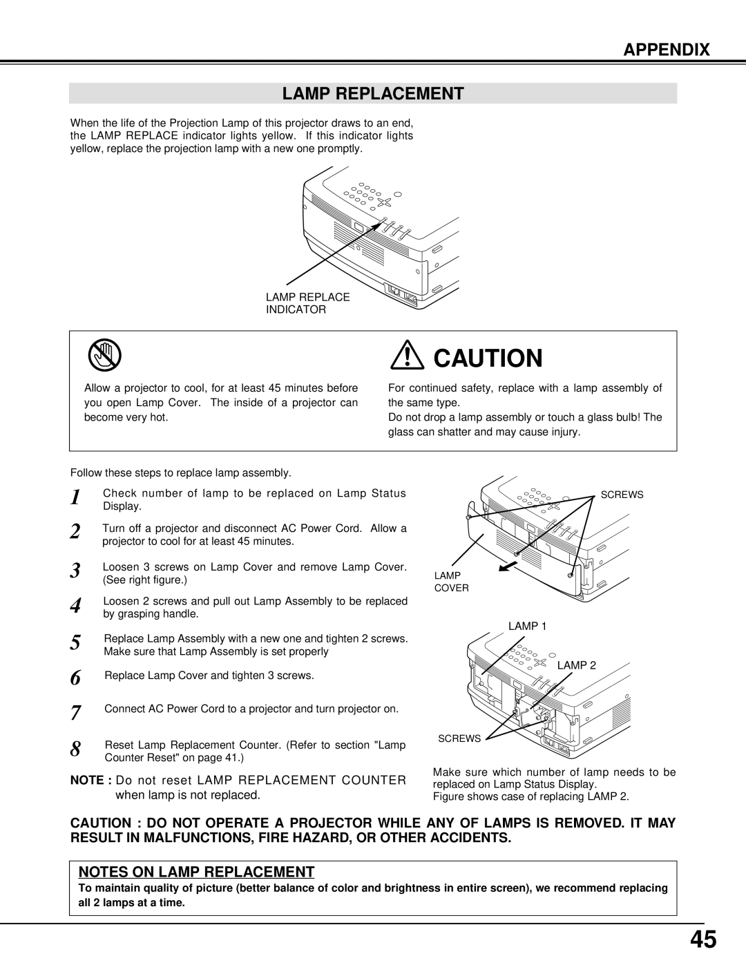 Eiki LC-X5 instruction manual Appendix Lamp Replacement, Figure shows case of replacing Lamp 