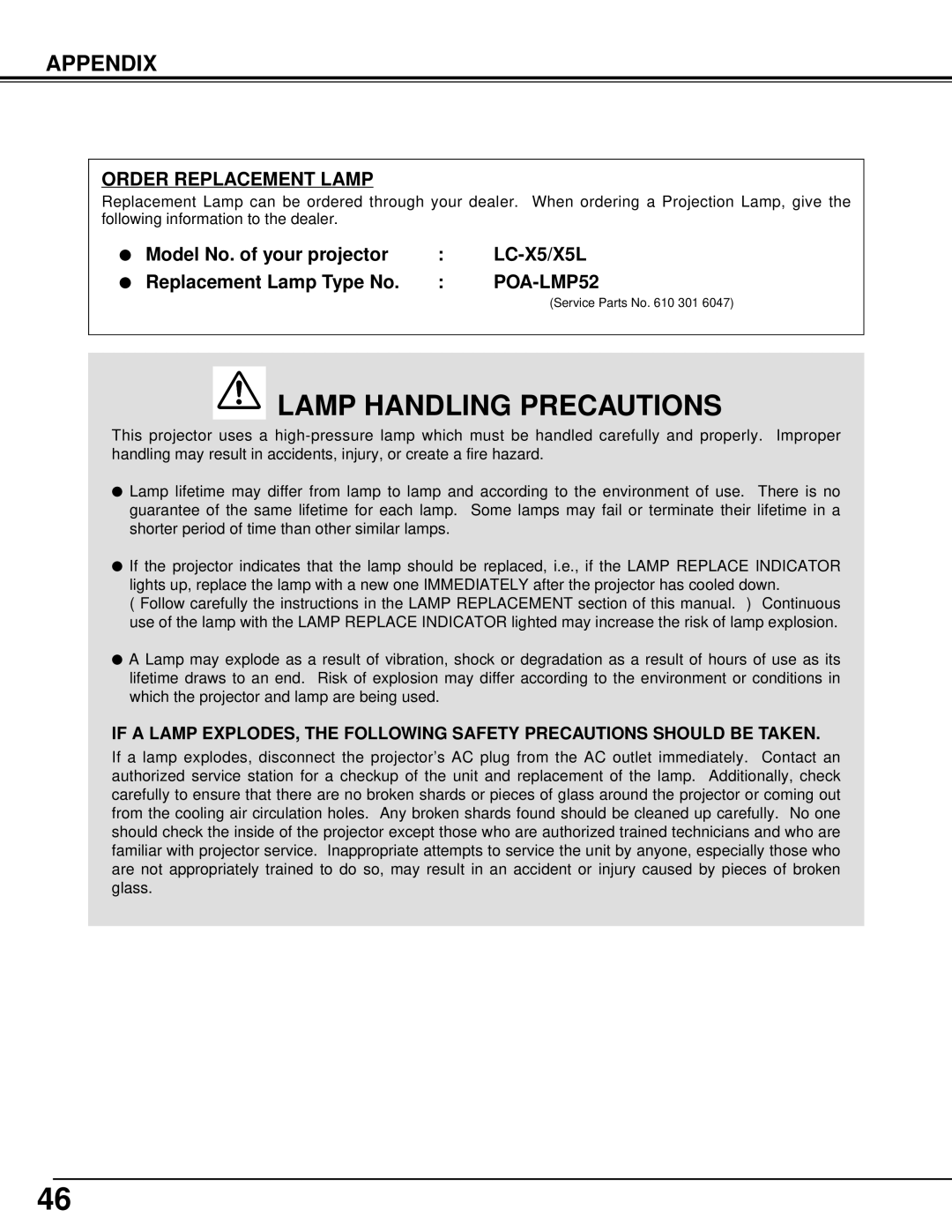 Eiki LC-X5 instruction manual Lamp Handling Precautions 