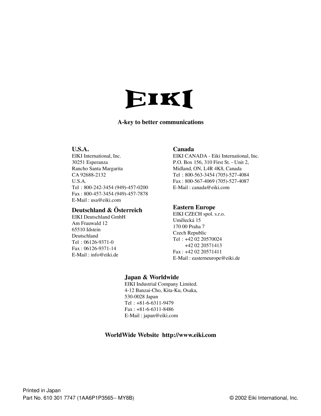 Eiki LC-X5 instruction manual Key to better communications Canada 