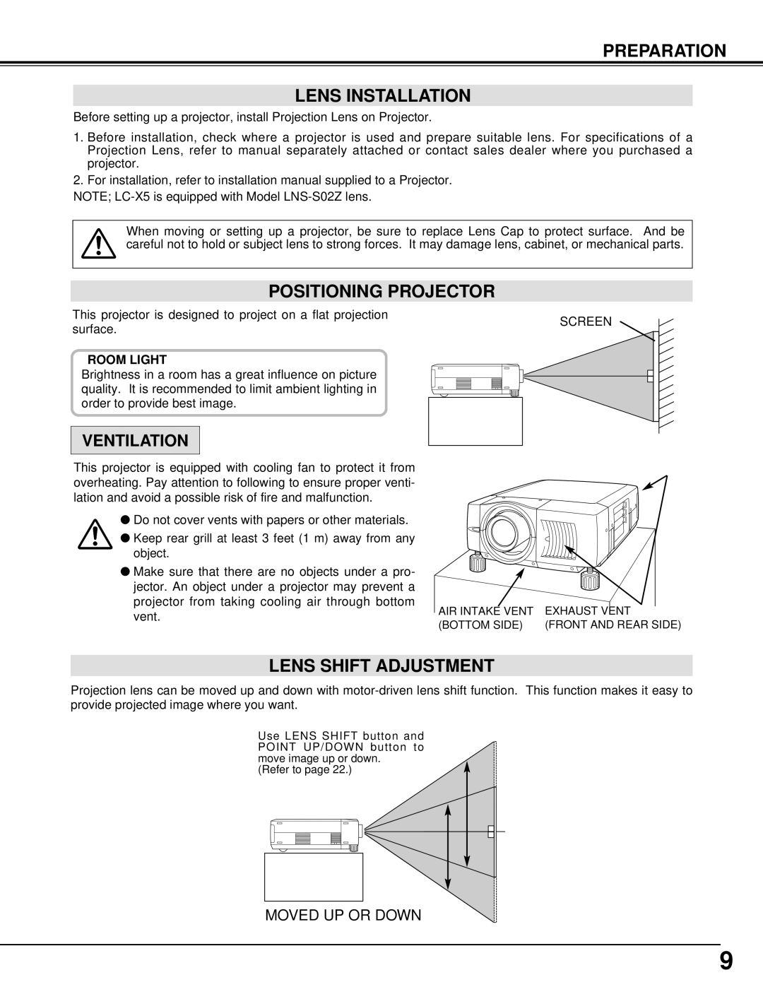 Eiki LC-X5 instruction manual Preparation Lens Installation, Positioning Projector, Lens Shift Adjustment 