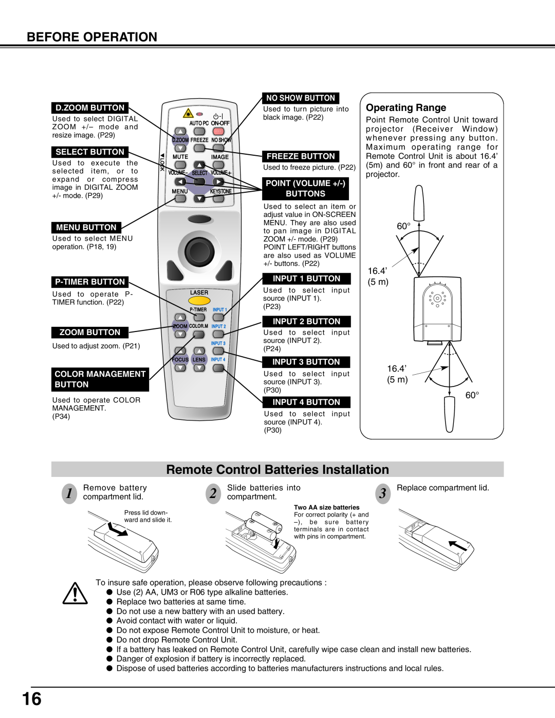 Eiki LC-X50 instruction manual Before Operation, Remote Control Batteries Installation, Operating Range 