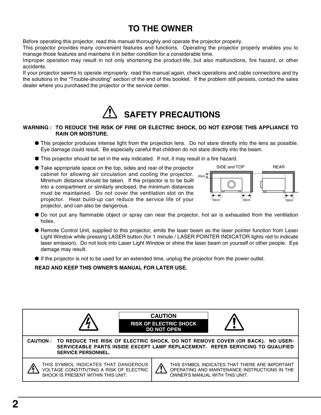 Eiki LC-X50 instruction manual To The Owner, Safety Precautions 