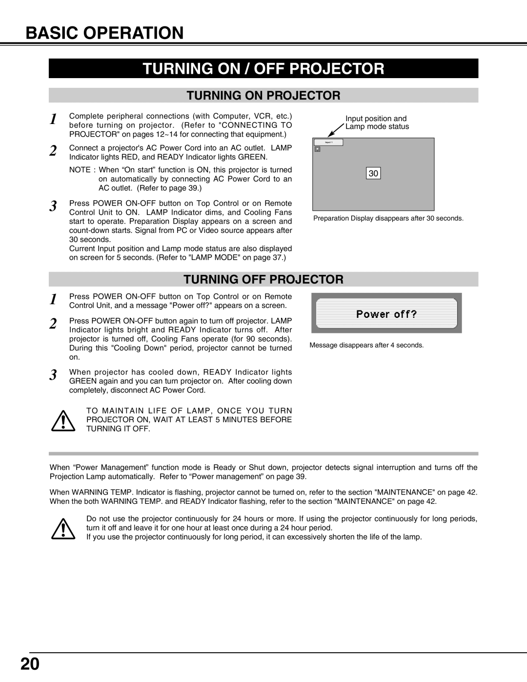Eiki LC-X50 instruction manual Basic Operation, Turning On / Off Projector 