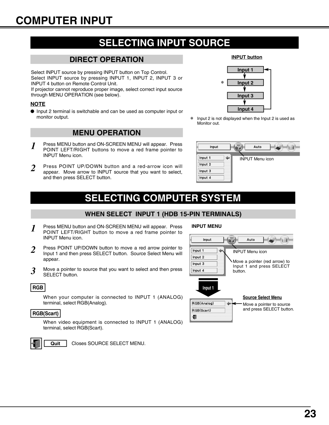 Eiki LC-X50 Computer Input, Selecting Input Source, Selecting Computer System, INPUT button, Input Input Input Input, Quit 