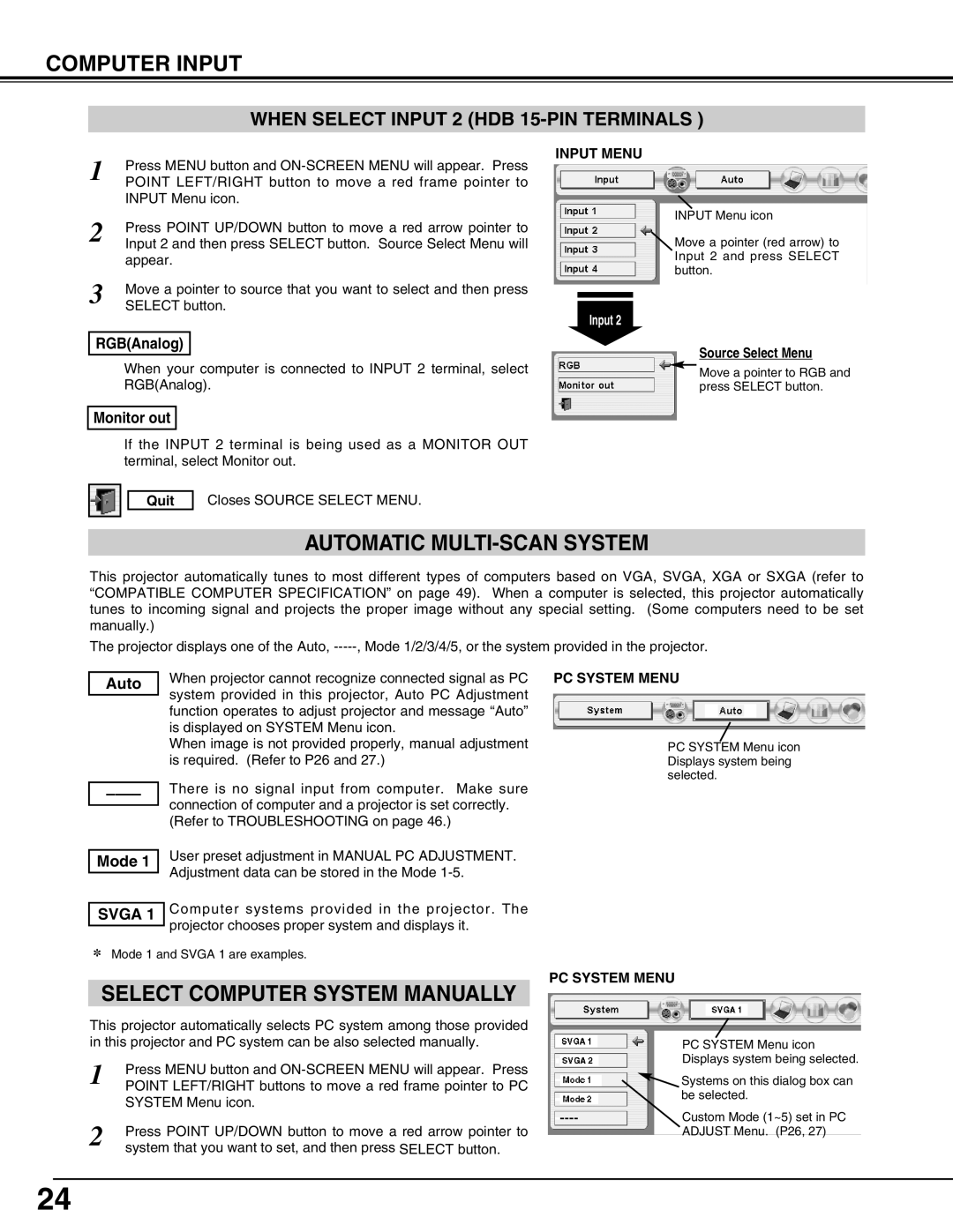 Eiki LC-X50 instruction manual Select Computer System Manually, Input Menu, Source Select Menu, Quit, Pc System Menu 
