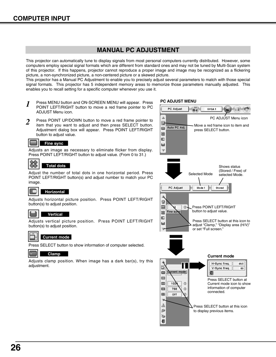 Eiki LC-X50 instruction manual Computer Input Manual Pc Adjustment, Pc Adjust Menu, Current mode 