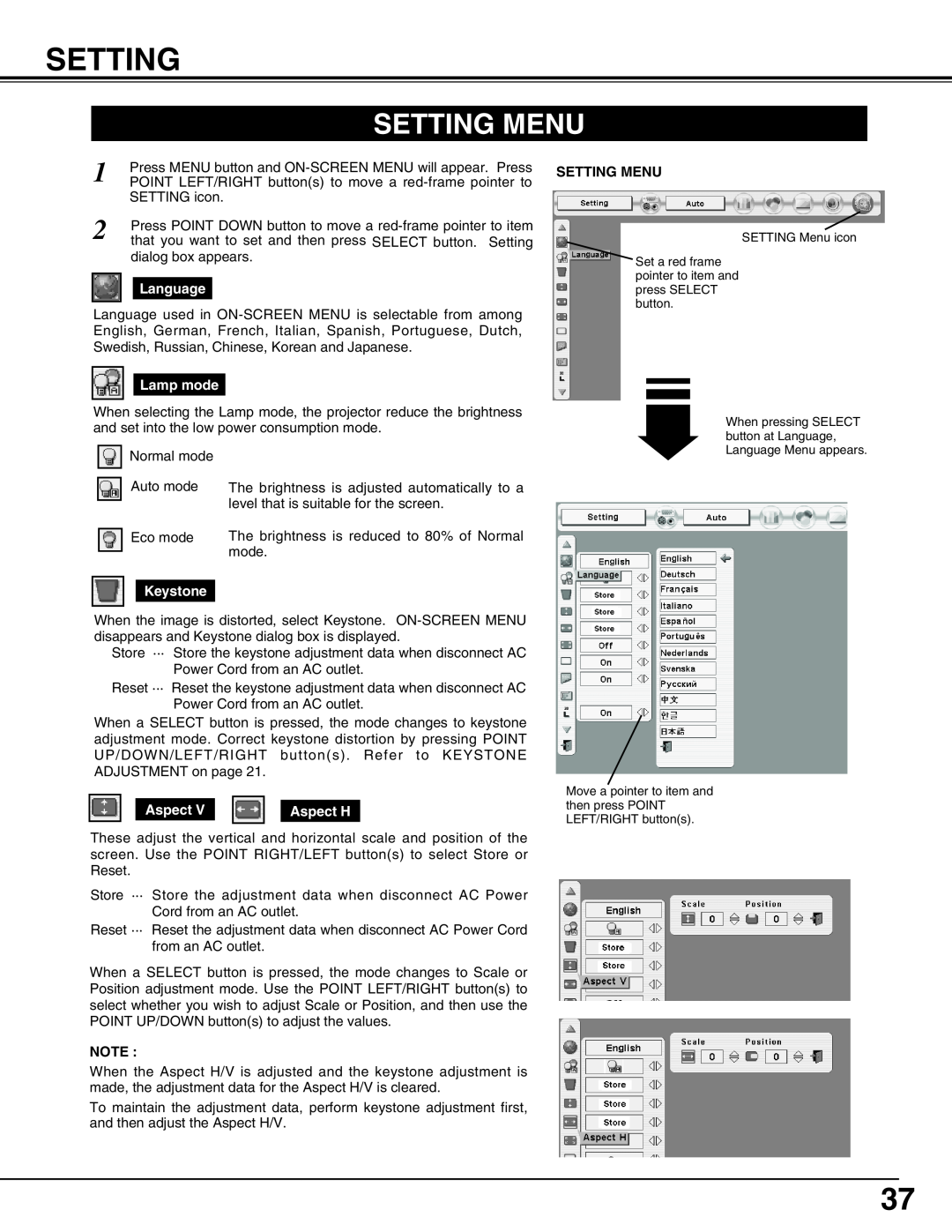 Eiki LC-X50 instruction manual Setting Menu 