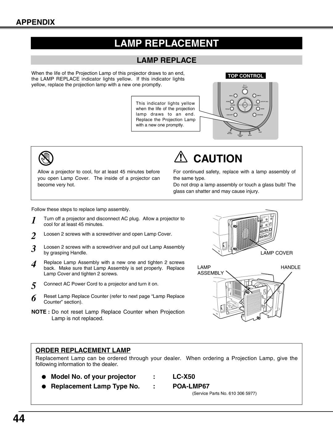 Eiki LC-X50 instruction manual Lamp Replacement, Appendix 