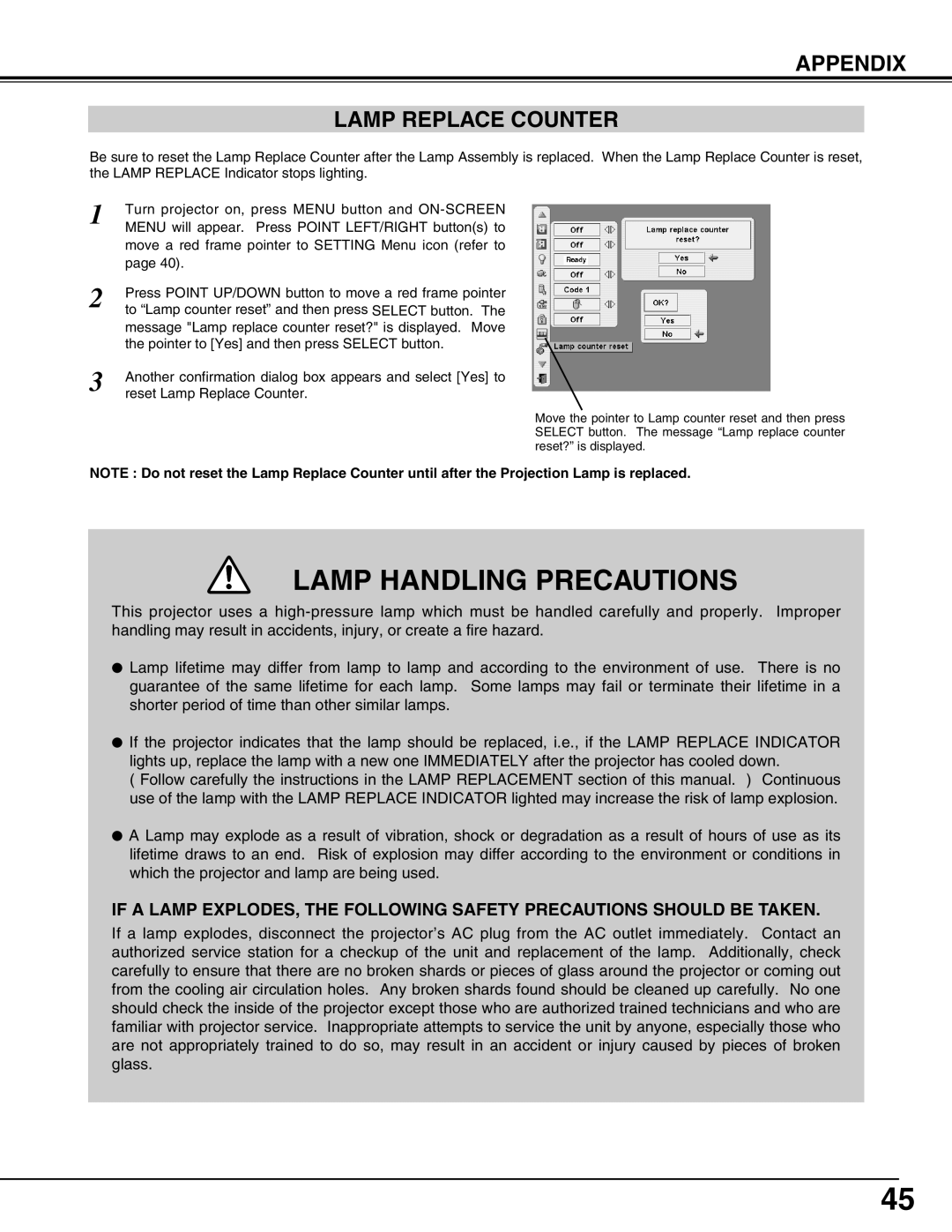 Eiki LC-X50 instruction manual Lamp Handling Precautions, Appendix Lamp Replace Counter 