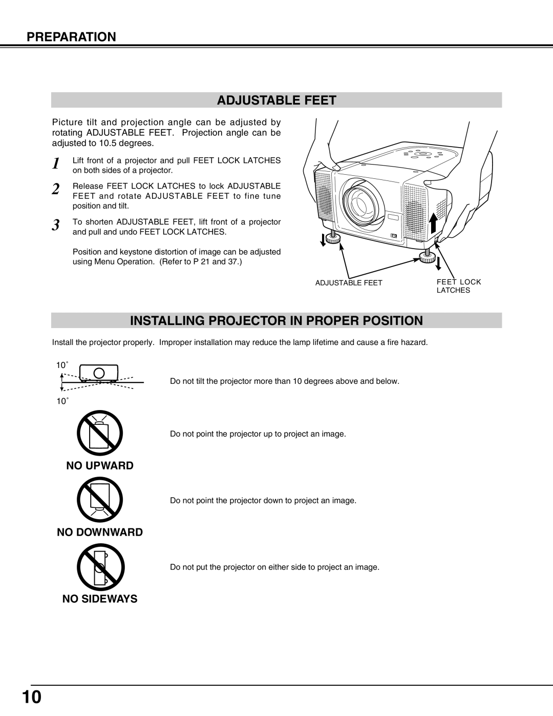 Eiki LC-X50 instruction manual Preparation Adjustable Feet, Installing Projector in Proper Position 