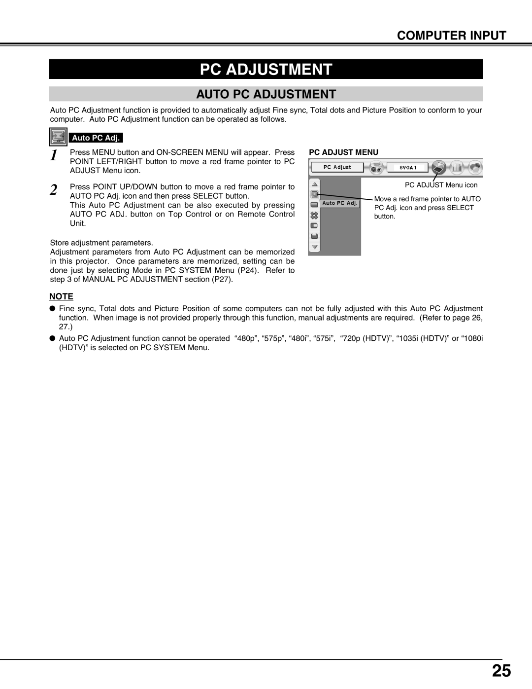 Eiki LC-X50 instruction manual Auto PC Adjustment, PC Adjust Menu 