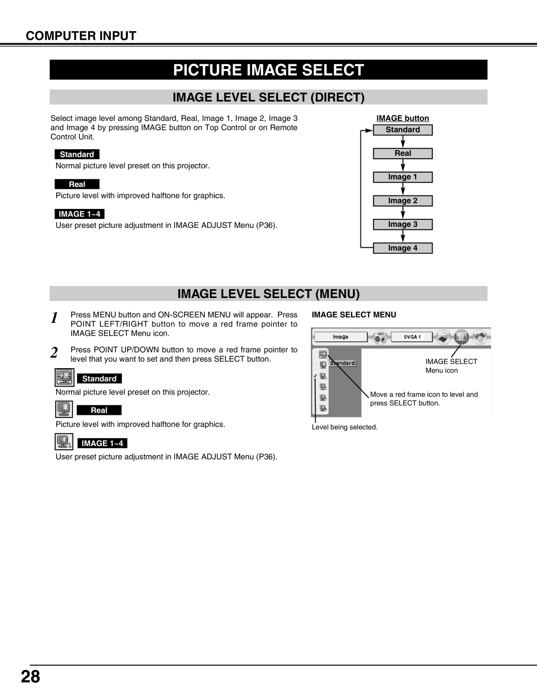 Eiki LC-X50 Picture Image Select, Image Level Select Direct, Image Level Select Menu, Image 1~4, Image Select Menu 