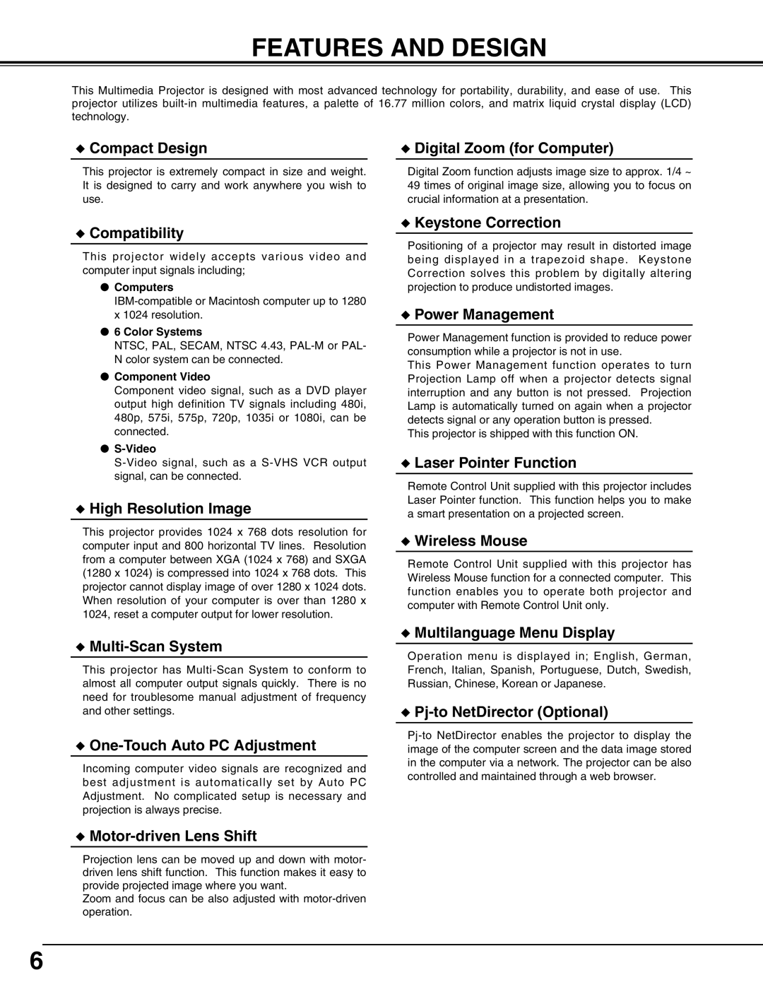 Eiki LC-X50 instruction manual Features and Design, Compact Design Digital Zoom for Computer 