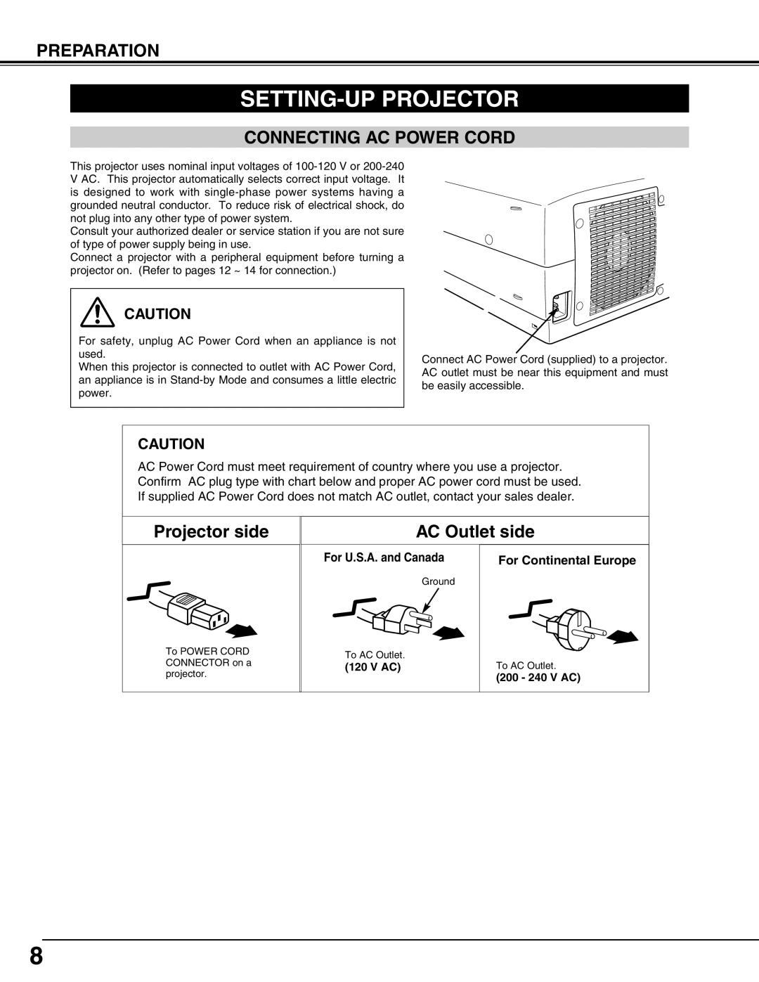 Eiki LC-X50 instruction manual SETTING-UP Projector, Connecting AC Power Cord, For U.S.A. and Canada For Continental Europe 