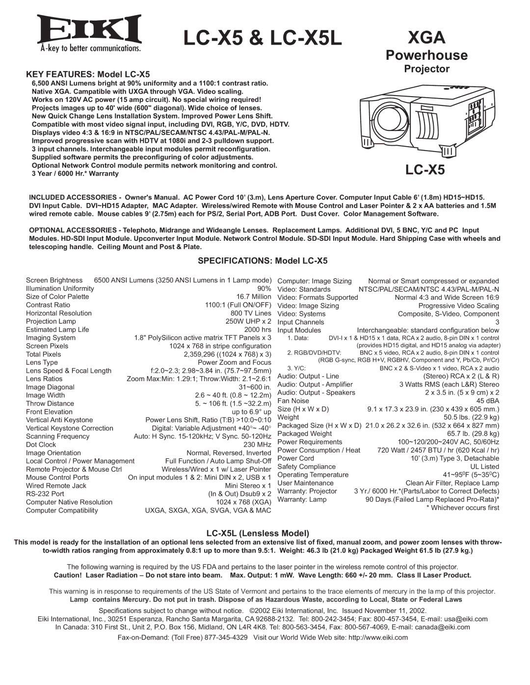 Eiki specifications KEY Features Model LC-X5, Specifications Model LC-X5, LC-X5L Lensless Model 