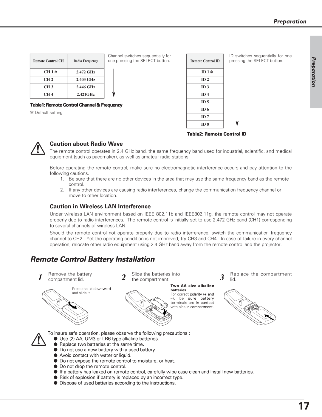 Eiki LC-SX6, LC-X6 owner manual Remote Control Battery Installation, Preparation, Caution about Radio Wave 