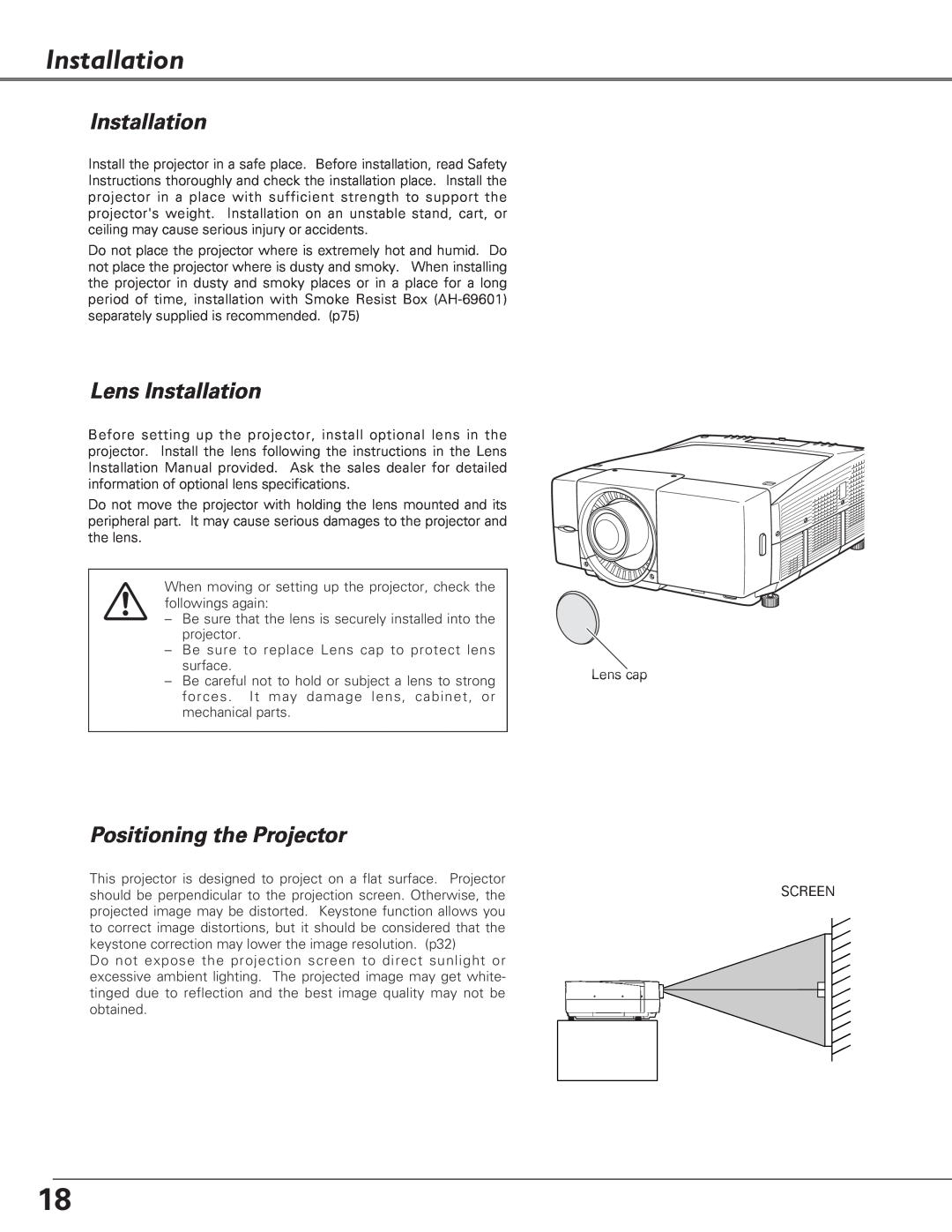 Eiki LC-X6, LC-SX6 owner manual Lens Installation, Positioning the Projector 