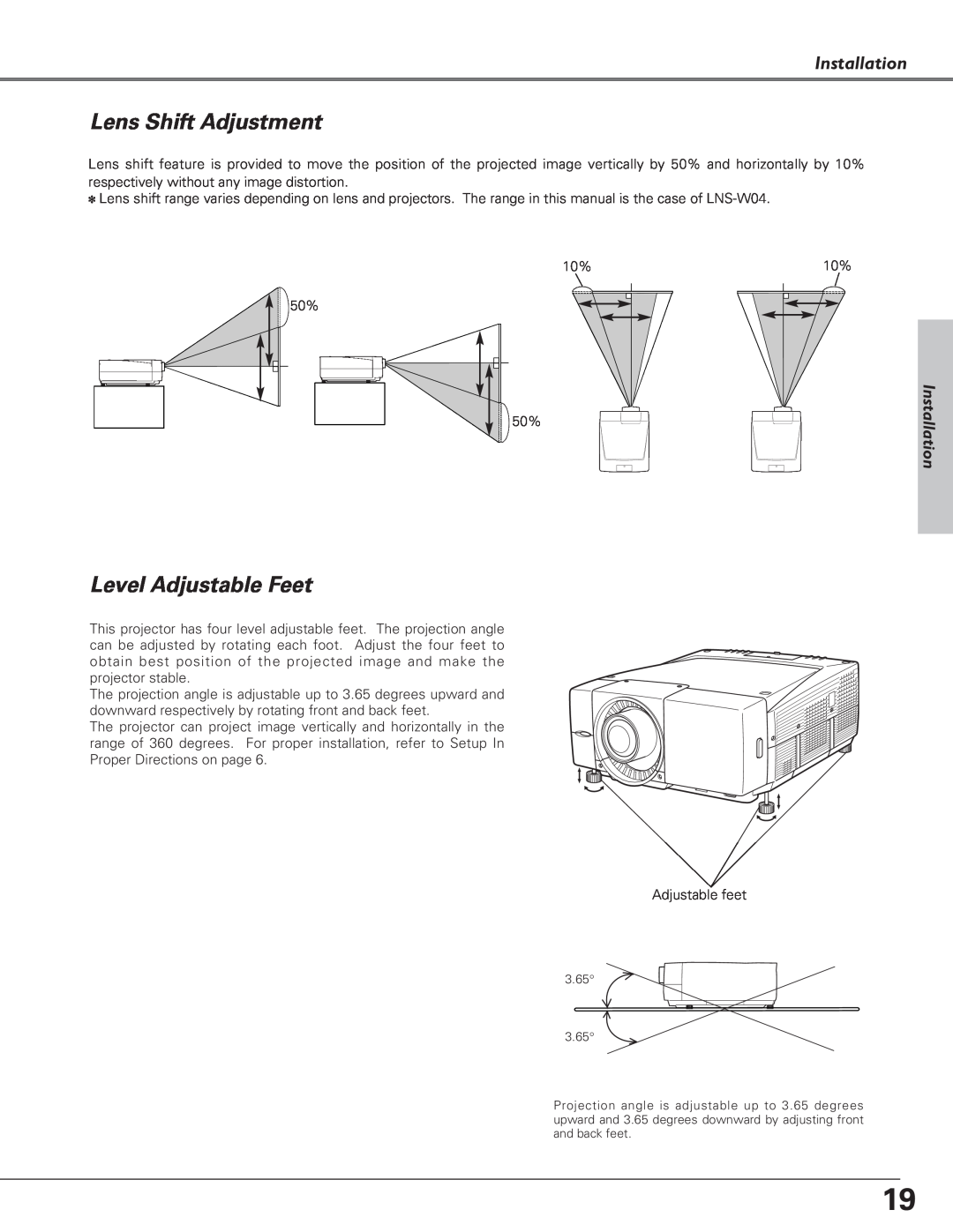 Eiki LC-SX6, LC-X6 owner manual Lens Shift Adjustment, Level Adjustable Feet, Installation 