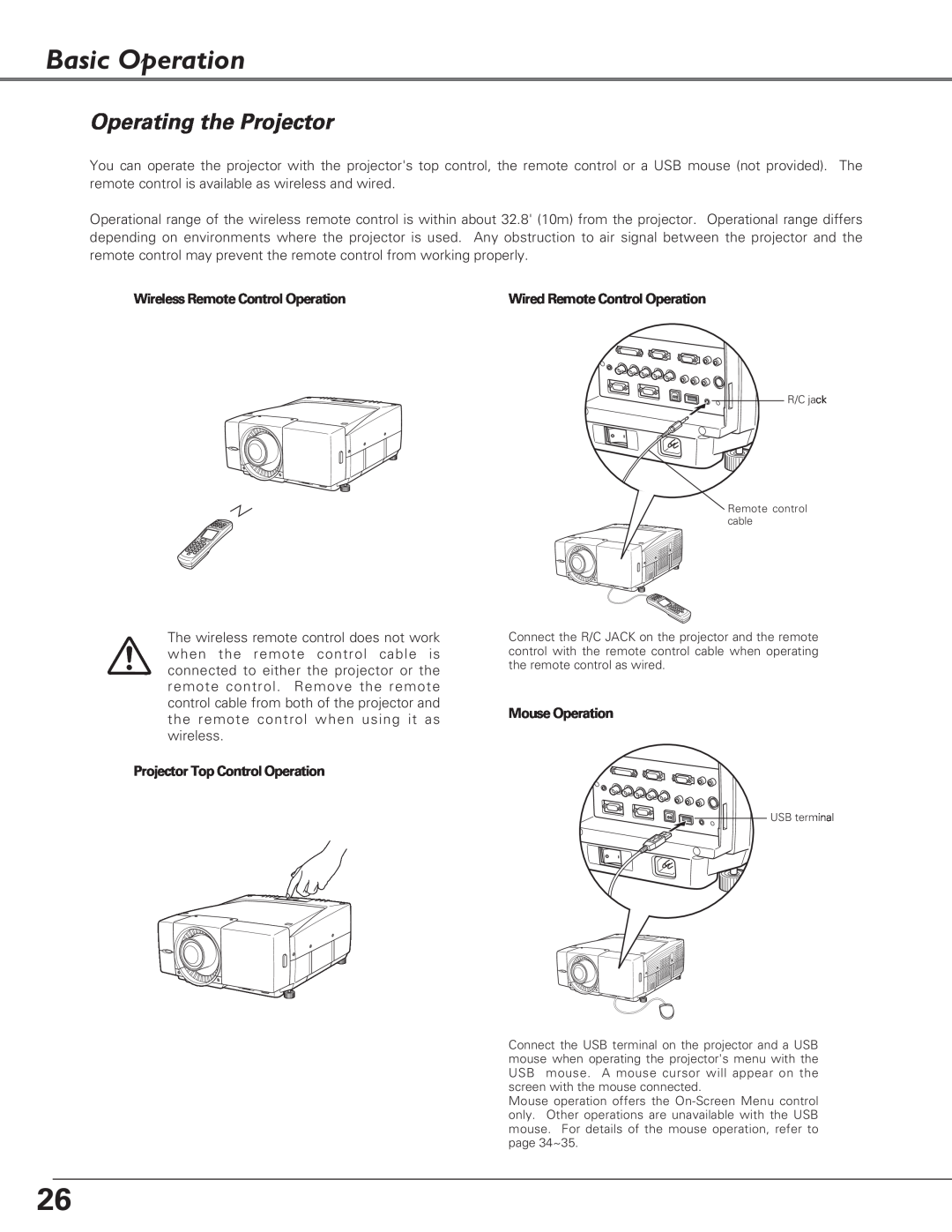 Eiki LC-X6, LC-SX6 owner manual Basic Operation, Operating the Projector 