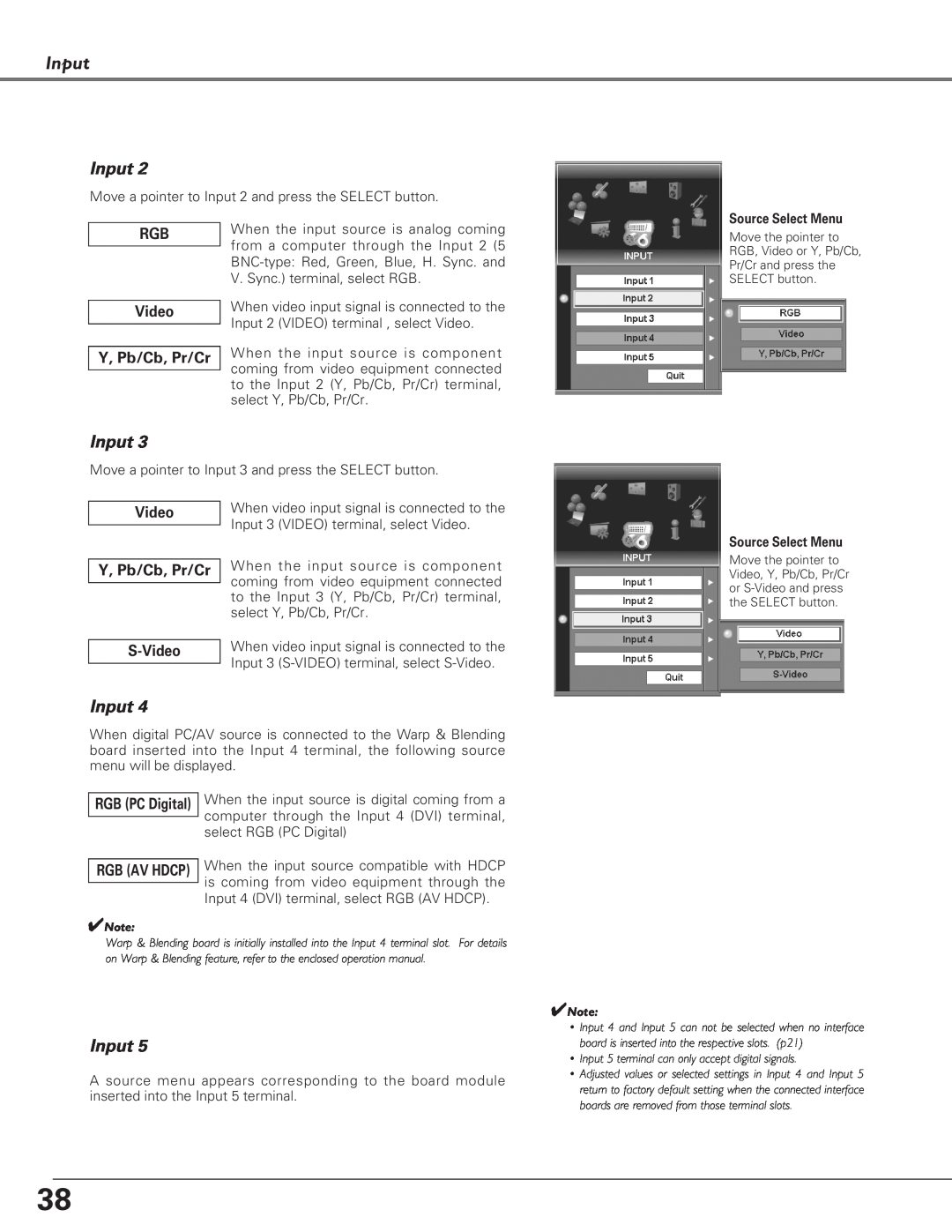 Eiki LC-X6, LC-SX6 owner manual Input, RGB Video Y, Pb/Cb, Pr/Cr 
