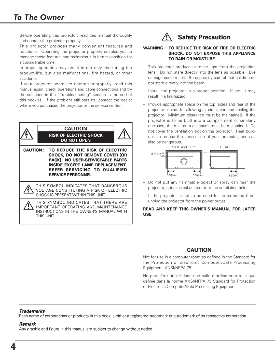 Eiki LC-X6, LC-SX6 owner manual To The Owner, Safety Precaution, Risk Of Electric Shock Do Not Open 