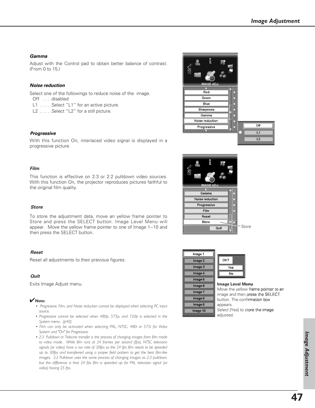 Eiki LC-SX6, LC-X6 owner manual Image Adjustment, Gamma, Noise reduction, Progressive, Film, Store, Reset, Quit 