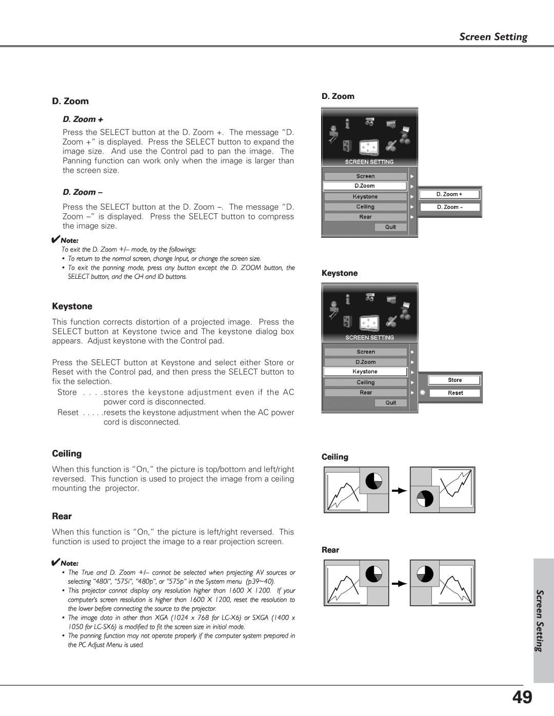 Eiki LC-SX6, LC-X6 owner manual Screen Setting, Keystone, Ceiling, Rear, D. Zoom + 