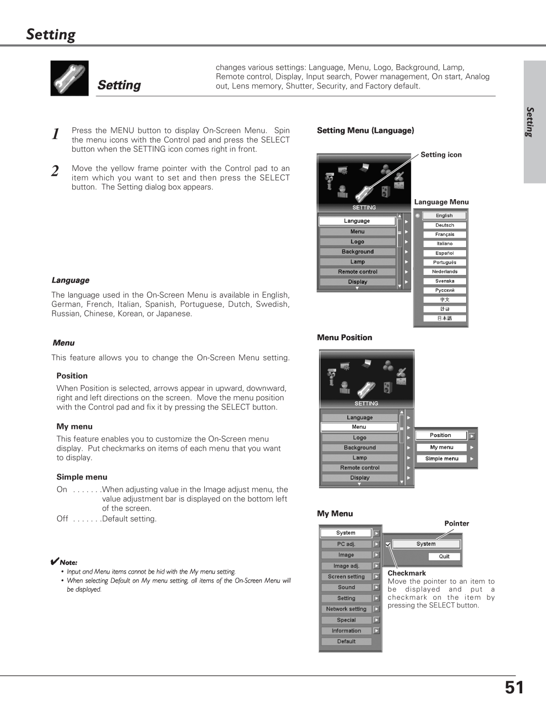 Eiki LC-SX6, LC-X6 owner manual Setting, Language, Menu 