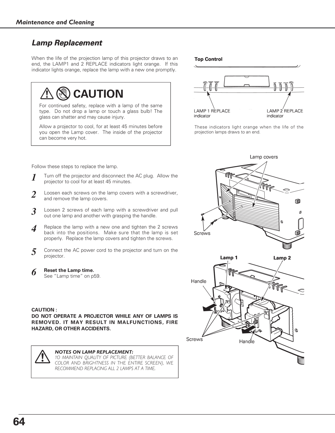 Eiki LC-X6, LC-SX6 owner manual Maintenance and Cleaning, Notes On Lamp Replacement 