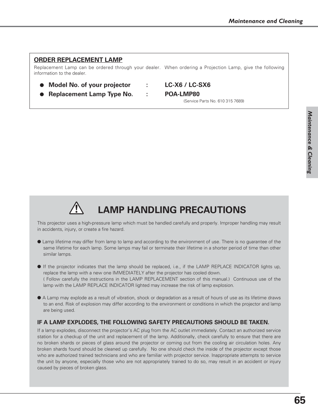 Eiki owner manual Order Replacement Lamp, LC-X6 / LC-SX6, Replacement Lamp Type No, POA-LMP80, Lamp Handling Precautions 