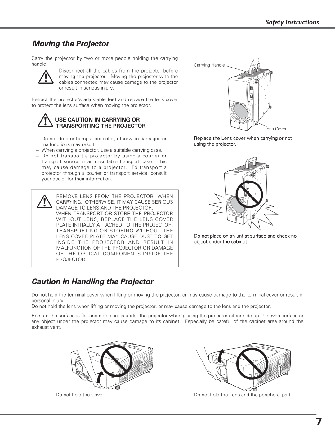 Eiki LC-SX6, LC-X6 owner manual Moving the Projector, Caution in Handling the Projector, Safety Instructions 