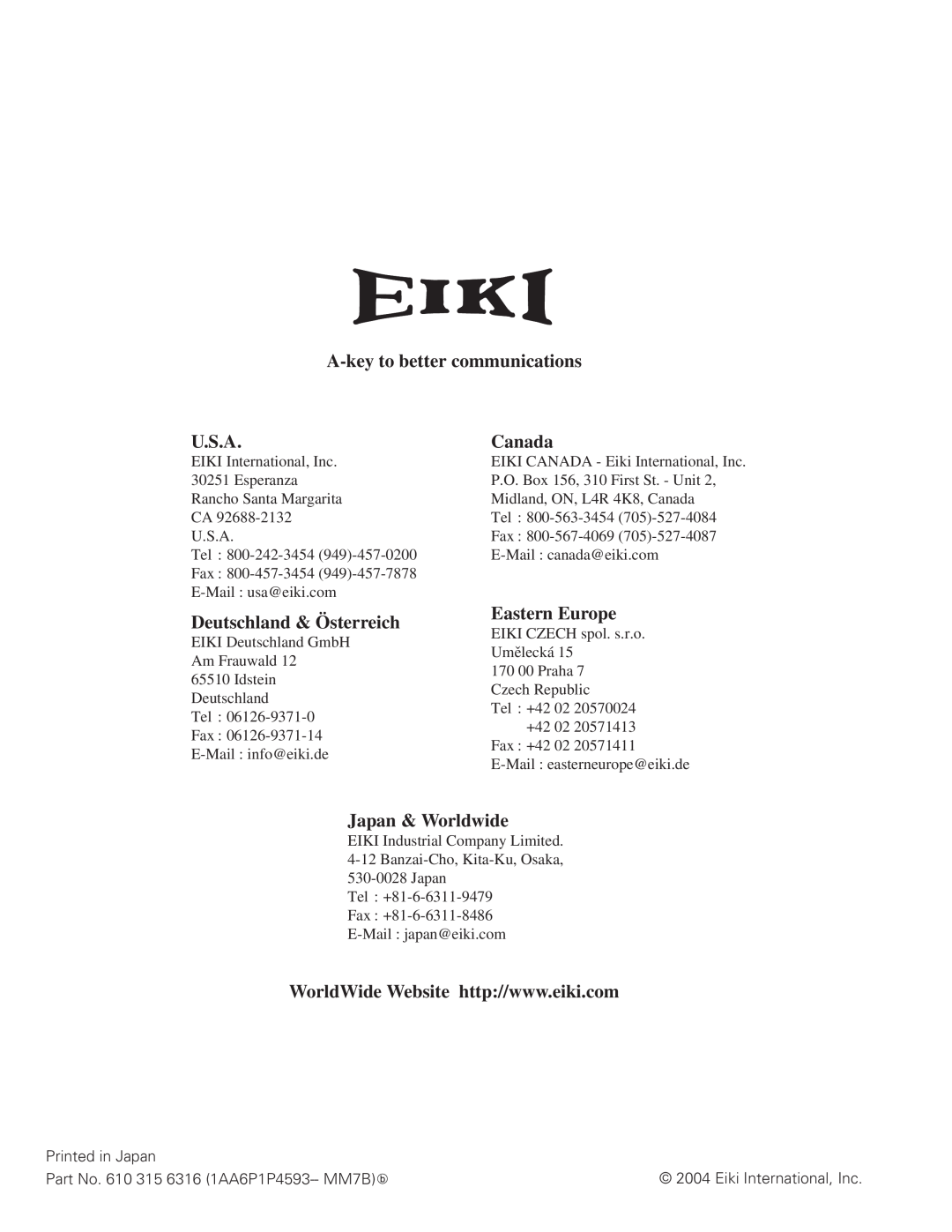 Eiki LC-X6 A-key to better communications, U.S.A, Canada, Deutschland & Österreich, Eastern Europe, Japan & Worldwide 