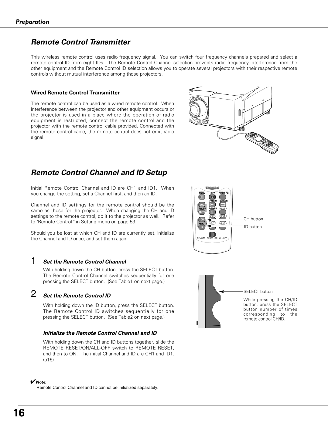 Eiki LC-X6, LC-SX6 owner manual Remote Control Channel and ID Setup, Wired Remote Control Transmitter 