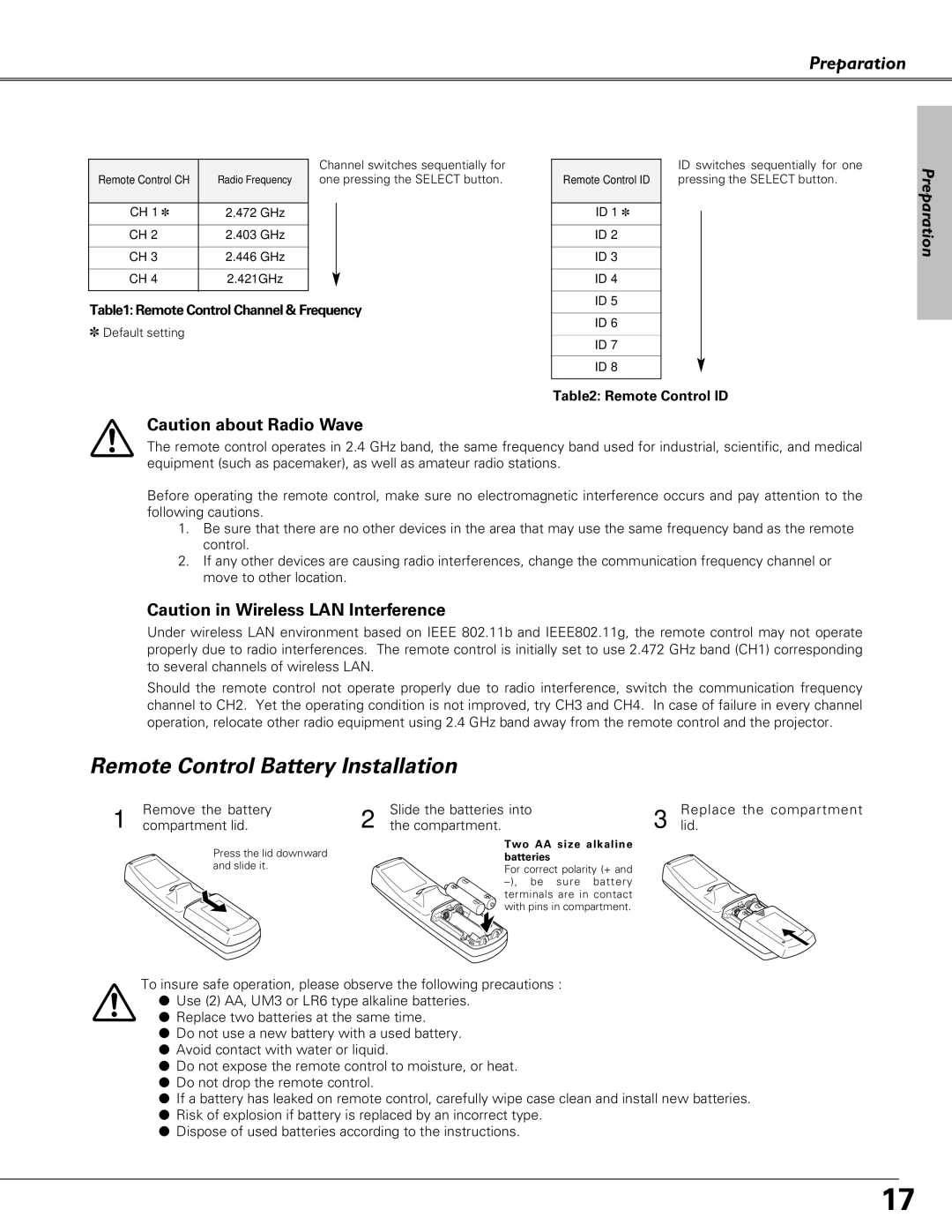 Eiki LC-SX6, LC-X6 owner manual Remote Control Battery Installation, Remote Control Channel & Frequency, Remote Control ID 