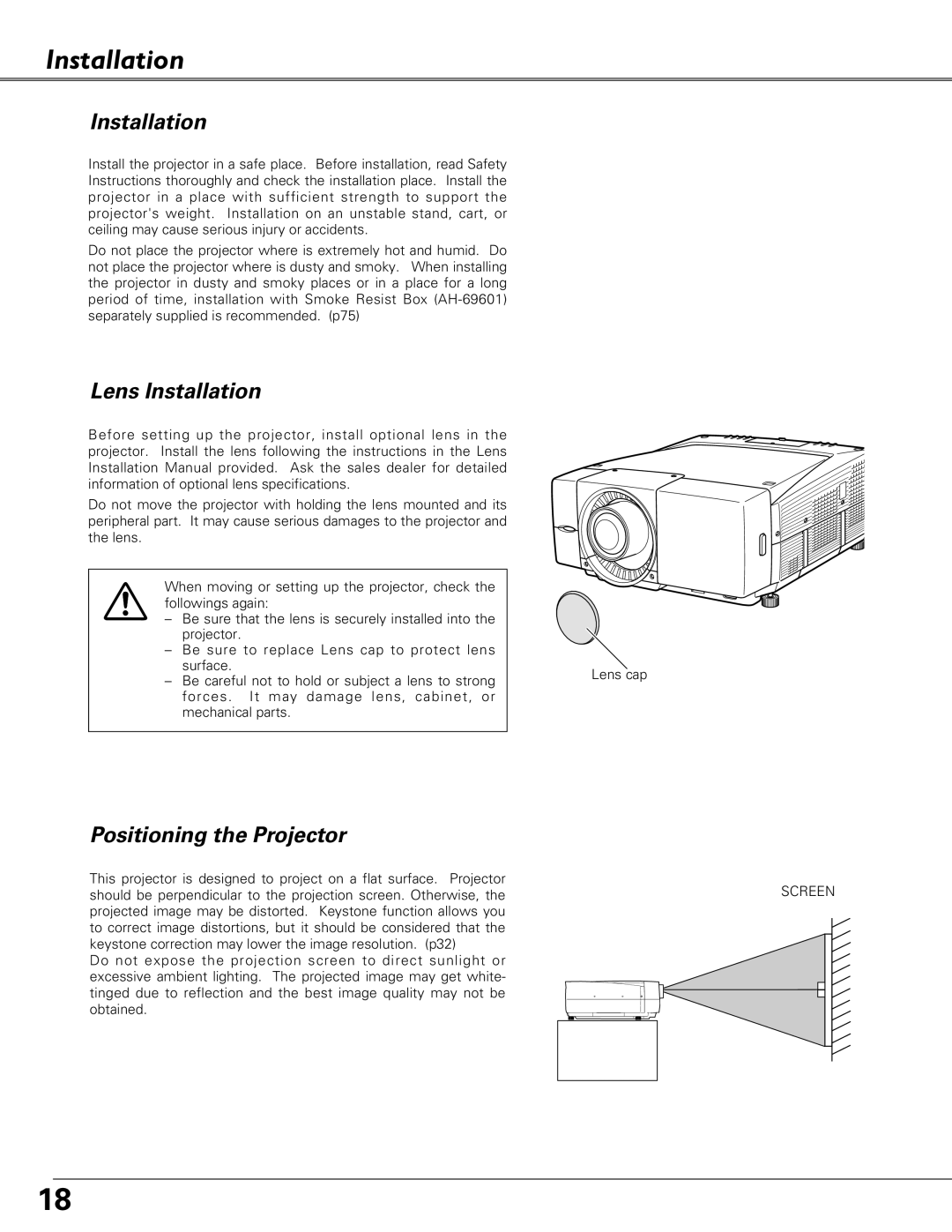 Eiki LC-X6, LC-SX6 owner manual Lens Installation, Positioning the Projector 