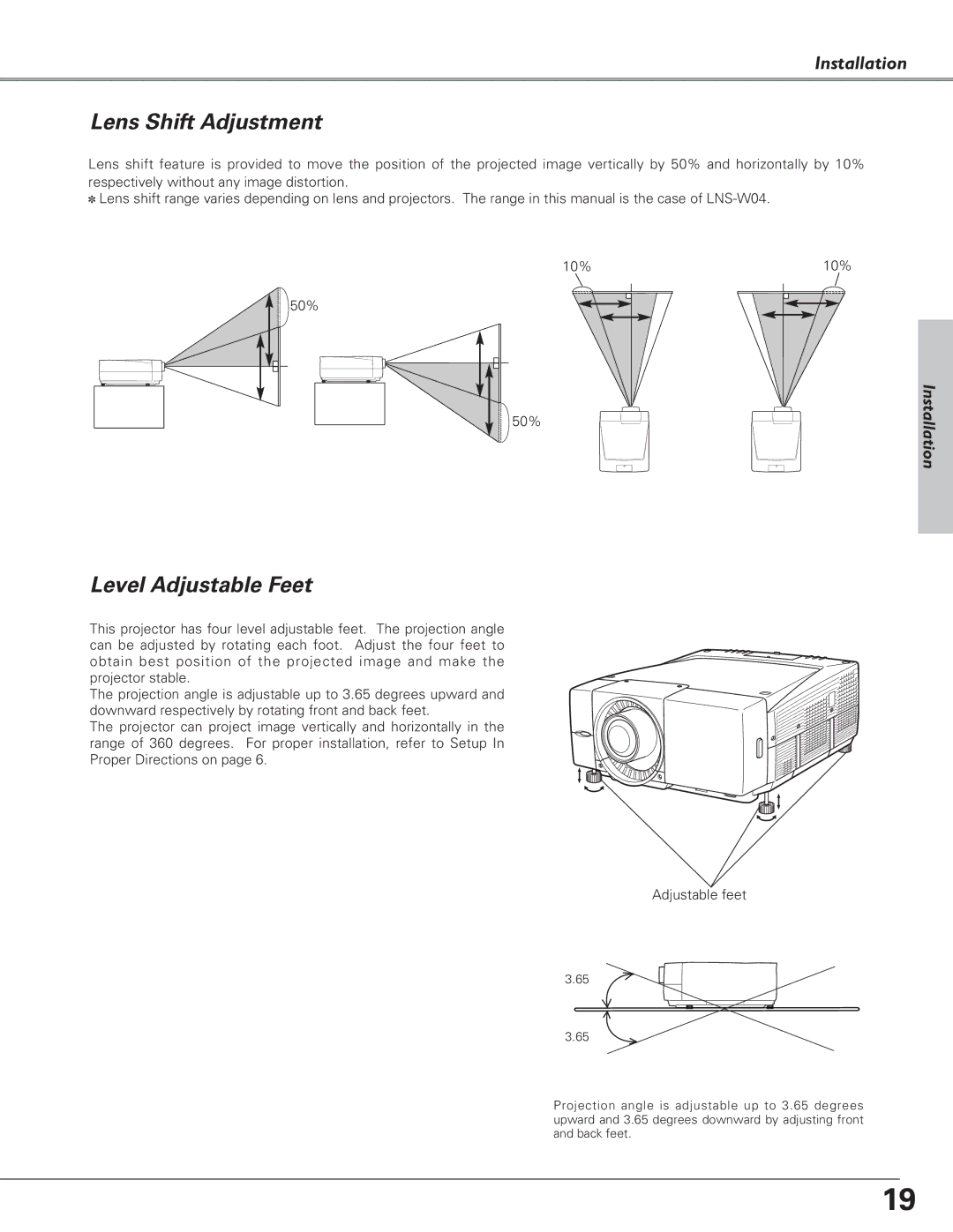 Eiki LC-SX6, LC-X6 owner manual Lens Shift Adjustment, Level Adjustable Feet 