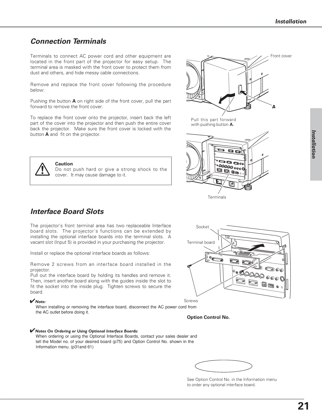 Eiki LC-SX6, LC-X6 owner manual Connection Terminals, Interface Board Slots, Option Control No 