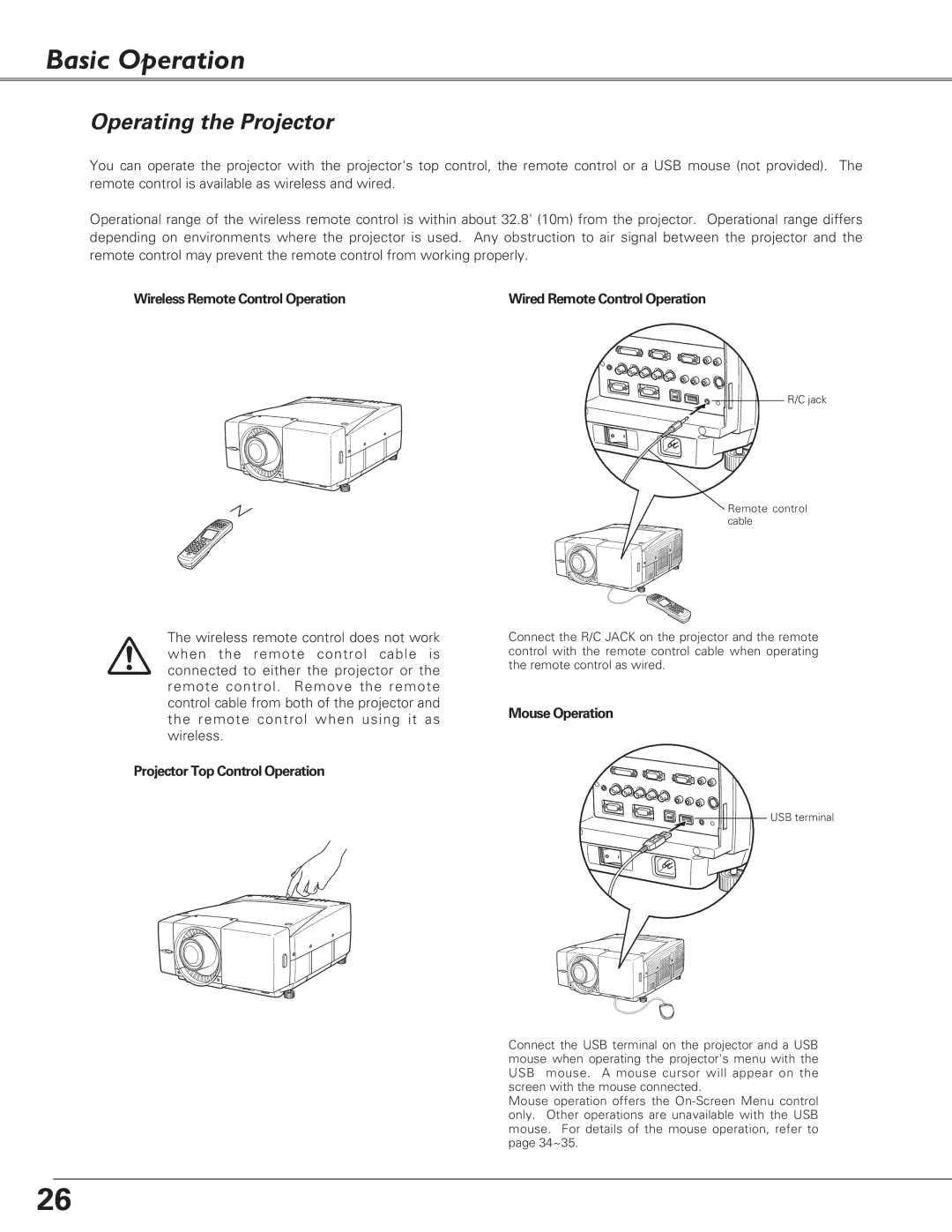 Eiki LC-X6, LC-SX6 owner manual Basic Operation, Operating the Projector, Wireless Remote Control Operation 