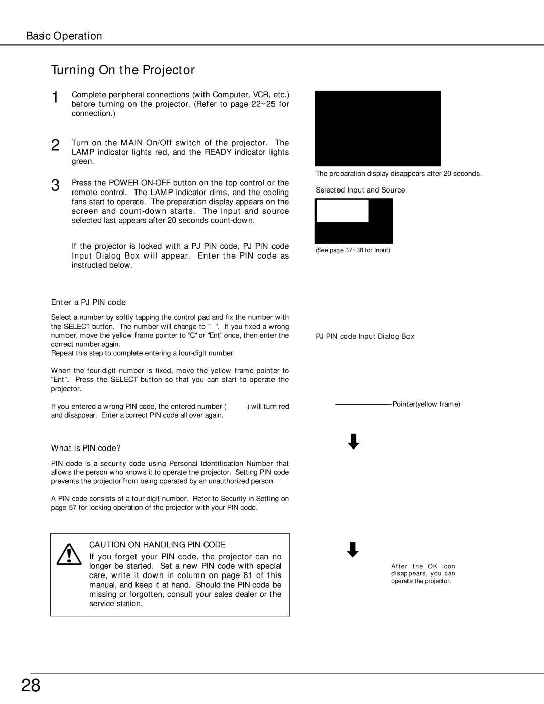 Eiki LC-X6, LC-SX6 owner manual Turning On the Projector, Enter a PJ PIN code, What is PIN code?, Selected Input and Source 