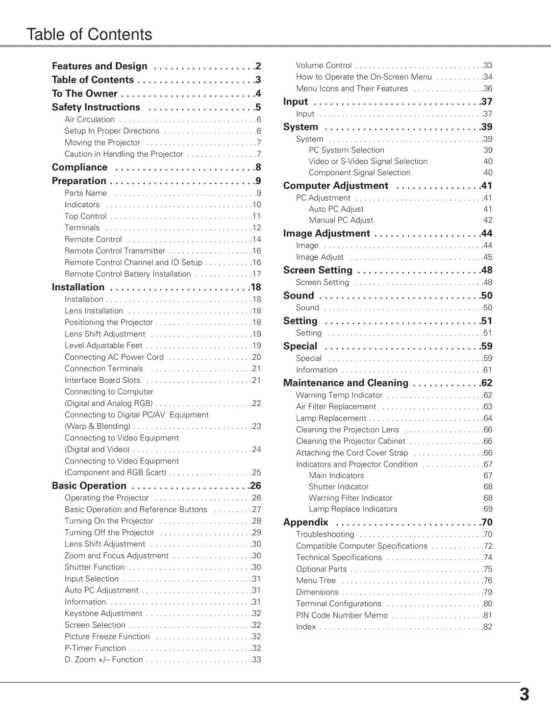 Eiki LC-SX6, LC-X6 owner manual Table of Contents 