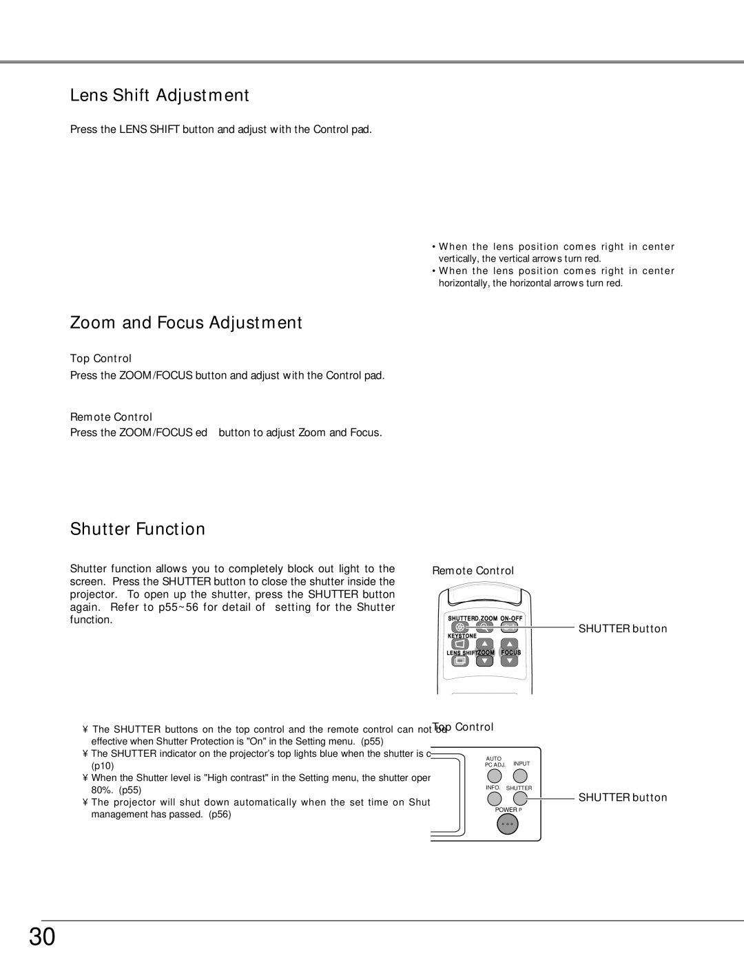 Eiki LC-X6, LC-SX6 owner manual Zoom and Focus Adjustment, Shutter Function, Top Control, Remote Control 