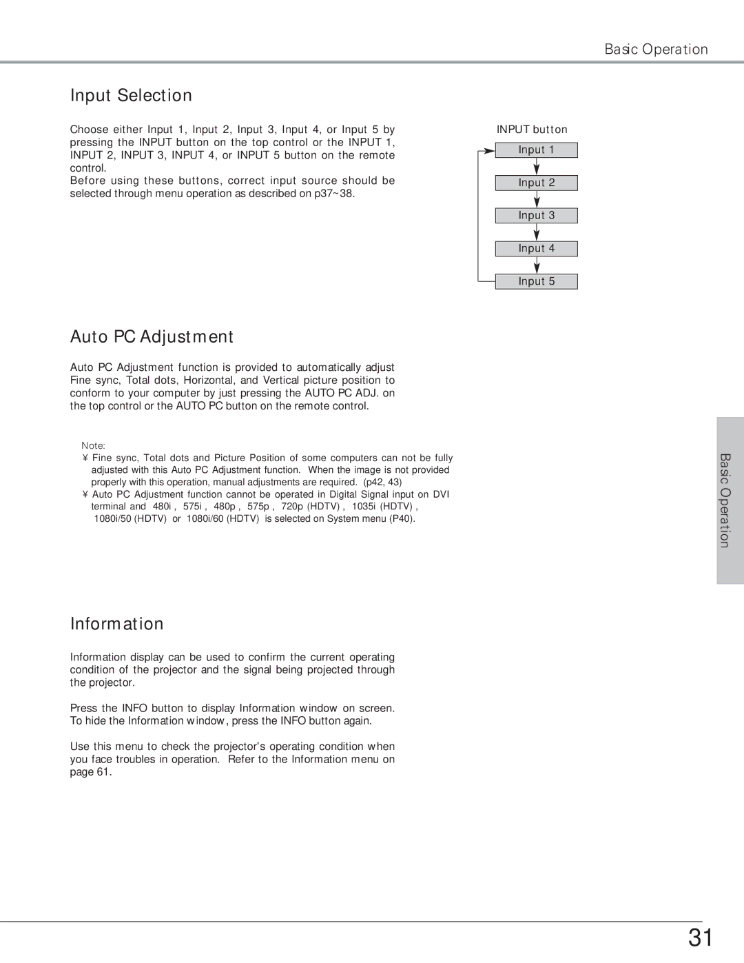 Eiki LC-SX6, LC-X6 owner manual Input Selection, Auto PC Adjustment, Information 