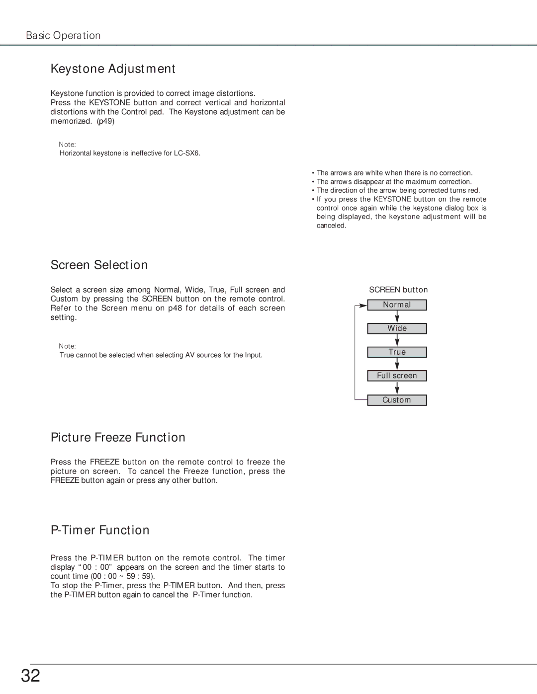 Eiki LC-X6, LC-SX6 owner manual Keystone Adjustment, Screen Selection, Picture Freeze Function, Timer Function 