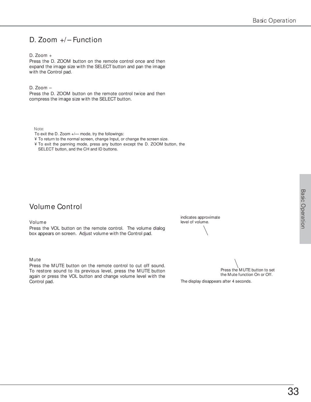 Eiki LC-SX6, LC-X6 owner manual Zoom +/- Function, Volume Control 