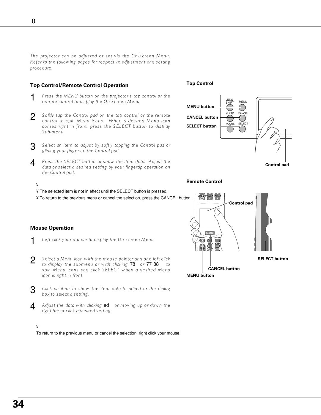 Eiki LC-X6, LC-SX6 owner manual How to Operate the On-Screen Menu, Top Control/Remote Control Operation, Mouse Operation 