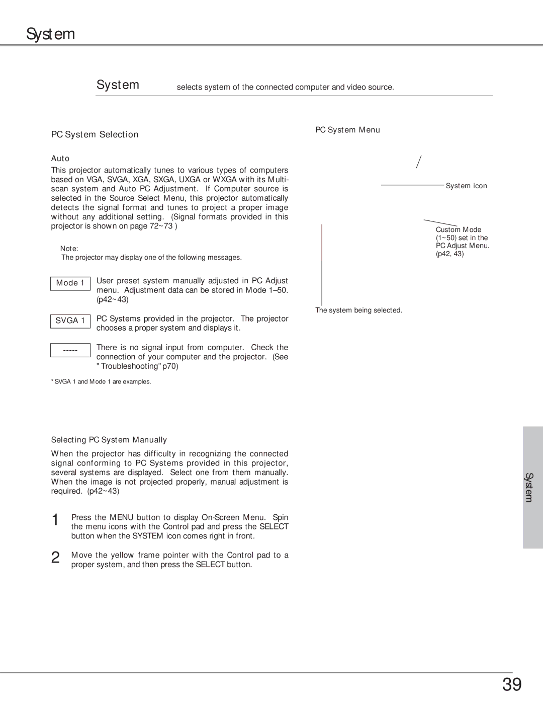 Eiki LC-SX6, LC-X6 owner manual PC System Selection, Auto, Selecting PC System Manually 